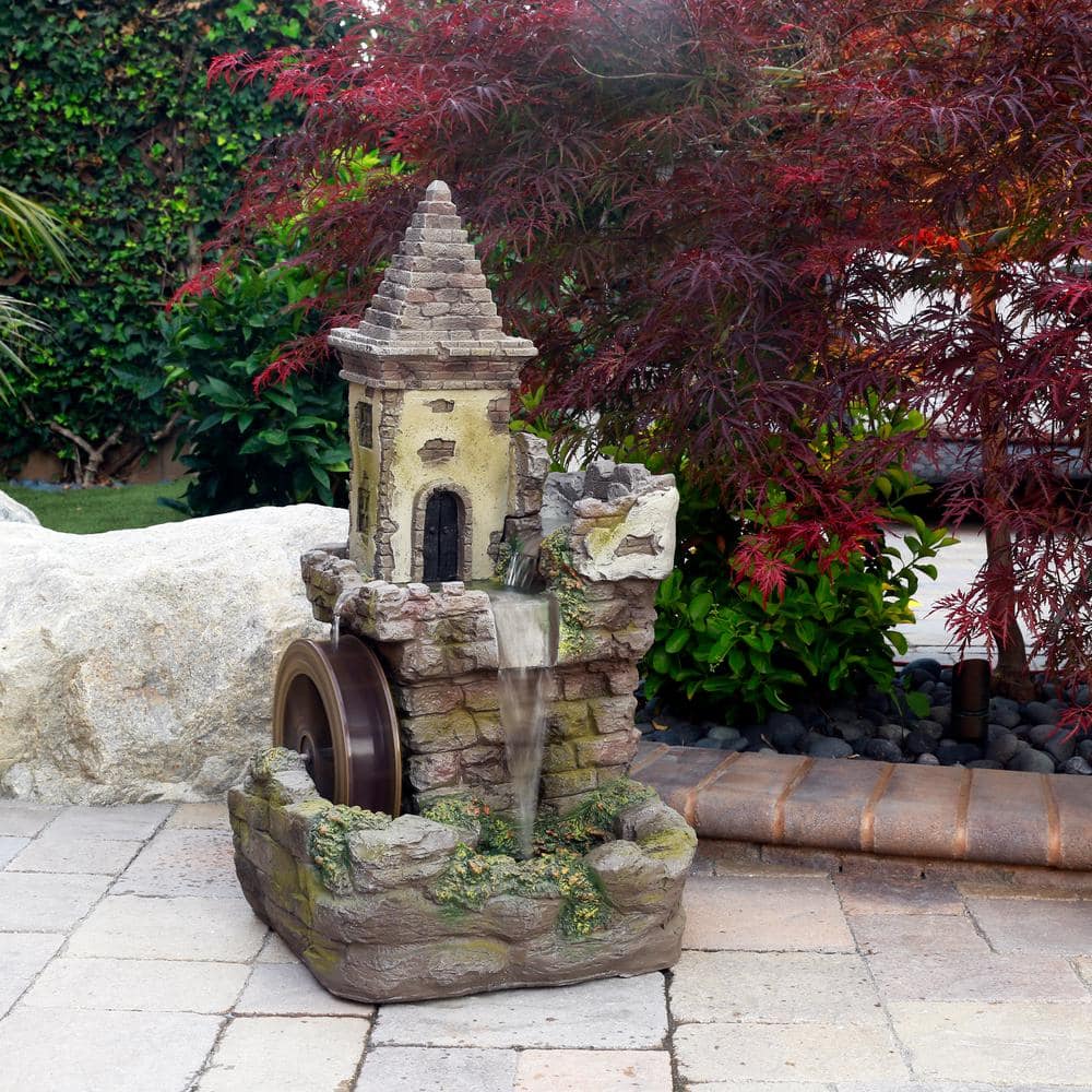 Alpine Corporation 35 in. Tall Outdoor Fairy Castle Waterwheel Tiered Fountain Yard Art decoration USA1164