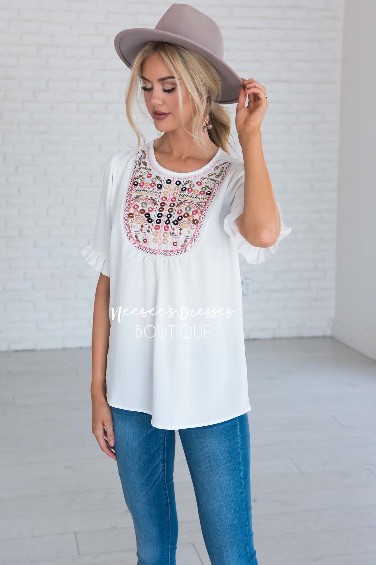 Let's Be Happy Embroidered Top