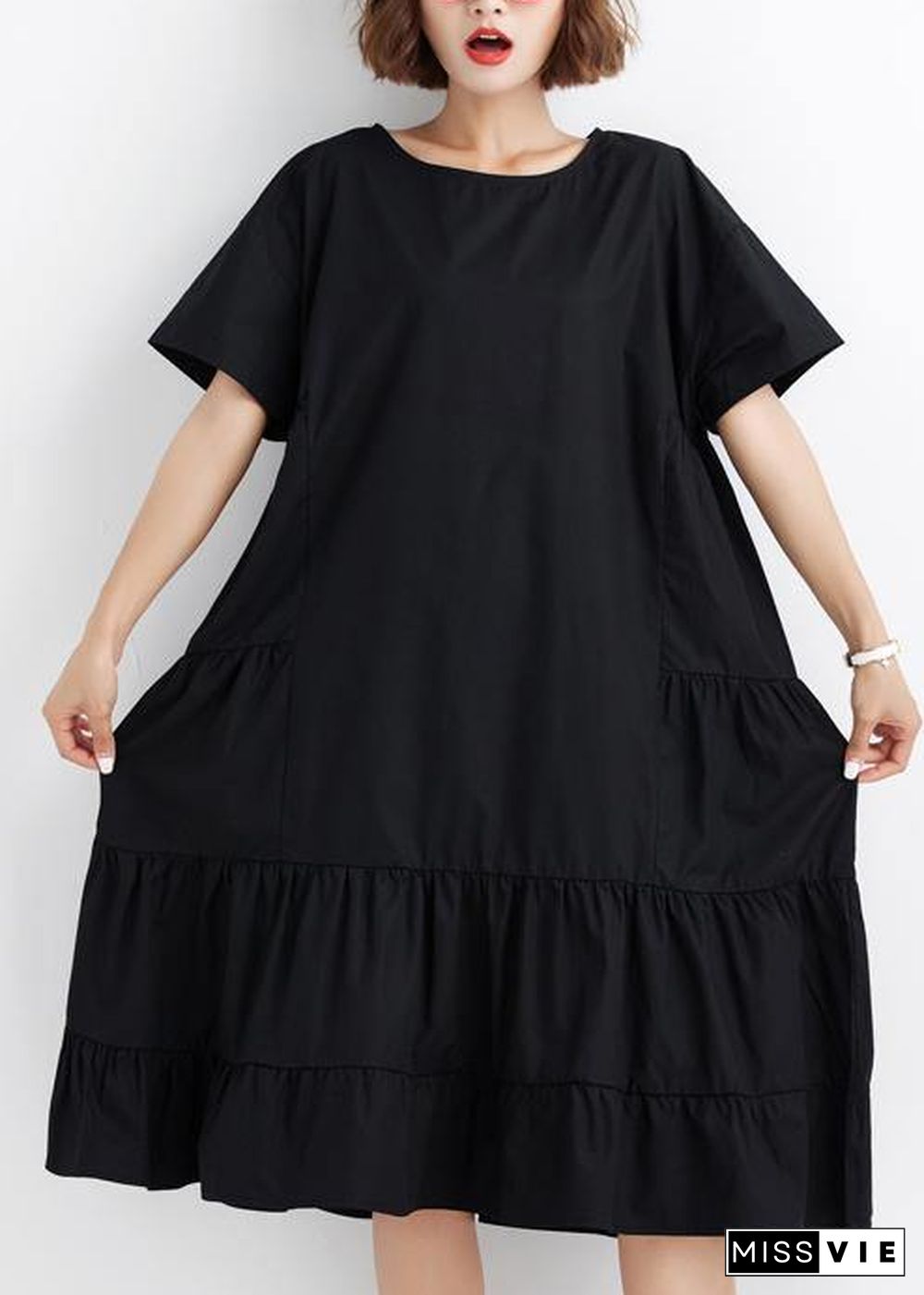 Women black ruffles cotton Wardrobes short sleeve cotton Dresses