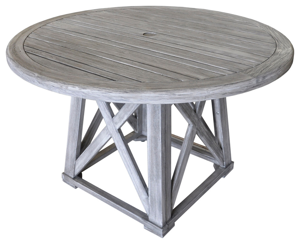 Courtyard Casual Driftwood Gray Teak Round Surf Side Outdoor Dining Table   Farmhouse   Outdoor Dining Tables   by Courtyard Casual  Houzz