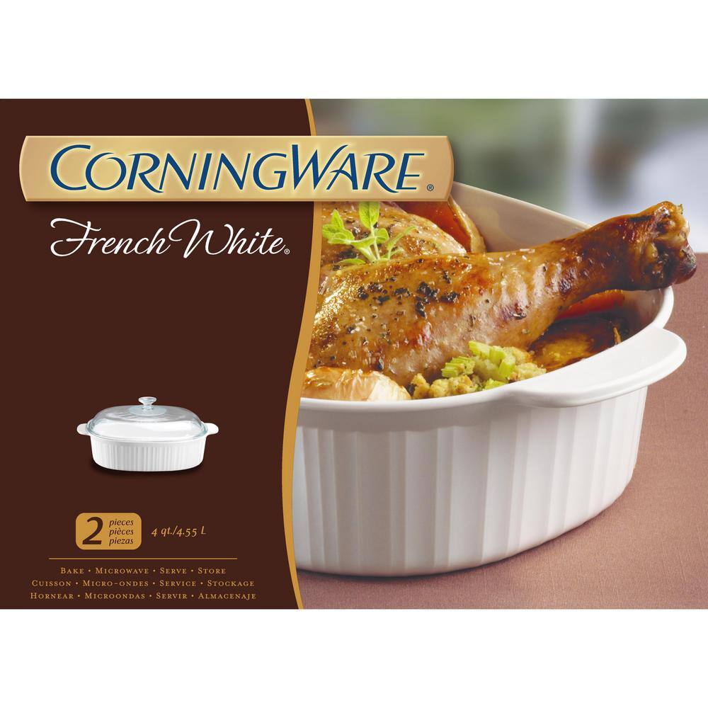 Corningware French White 4-Qt Oval Ceramic Casserole Dish with Glass Cover 6002278