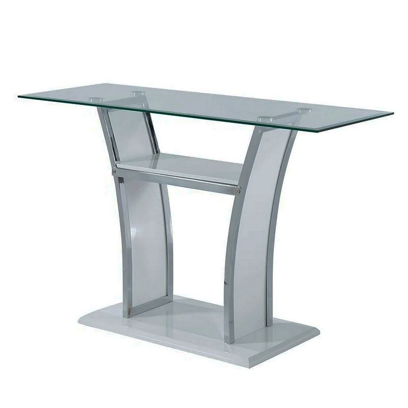 Sofa Table with Chrome Trimmed Curved Sides and Open Bottom Shelf， White