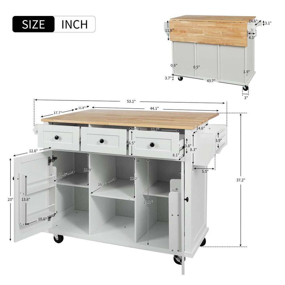 White Wood 53 in. W Kitchen Island Cart with Drop Leaf 2-Storage Cabinets 3-Drawers and Storage Rack LN0207MI-CART-1