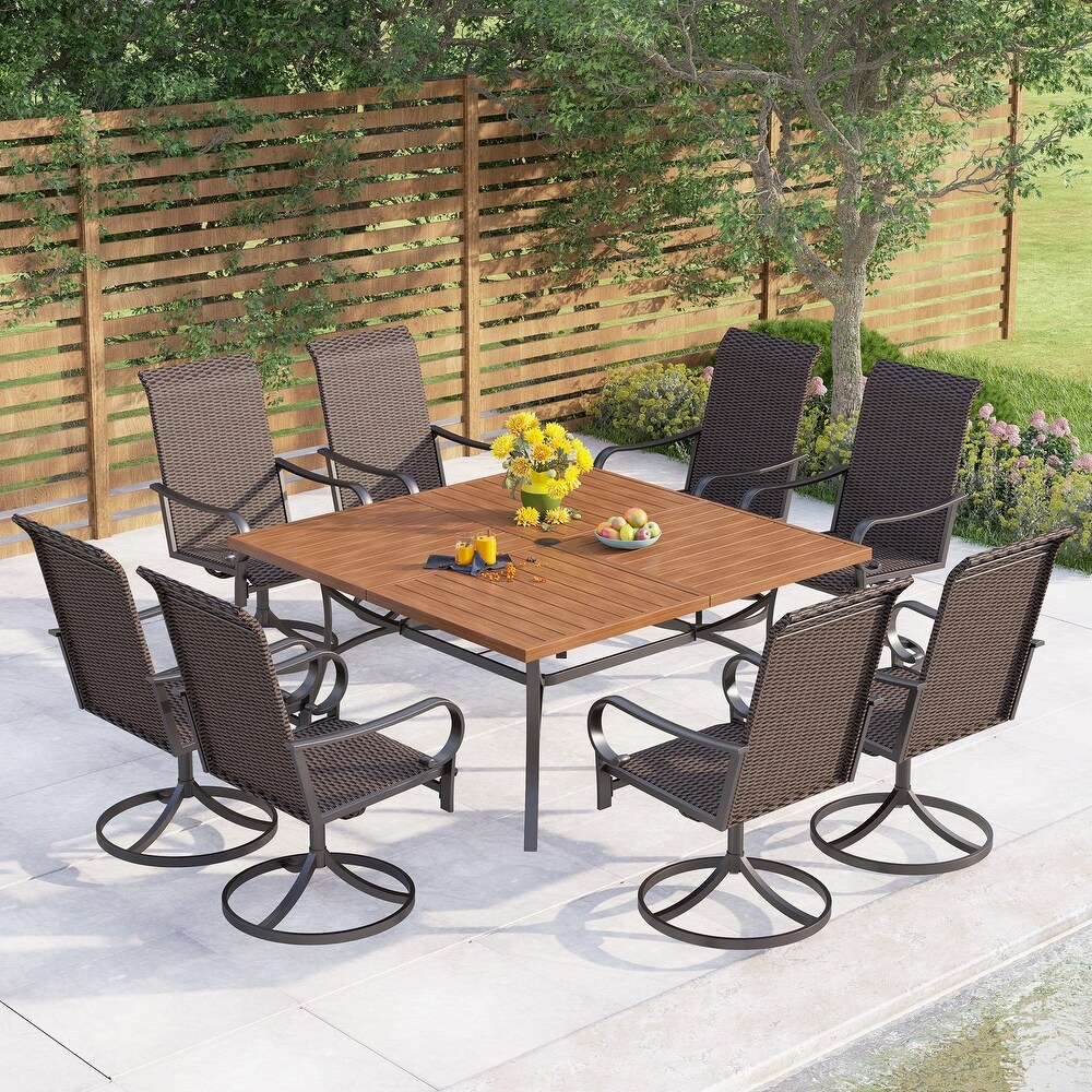 9 Piece Patio Dining Set  60 Inch Square Metal Table and 8 Rattan Dining Chairs