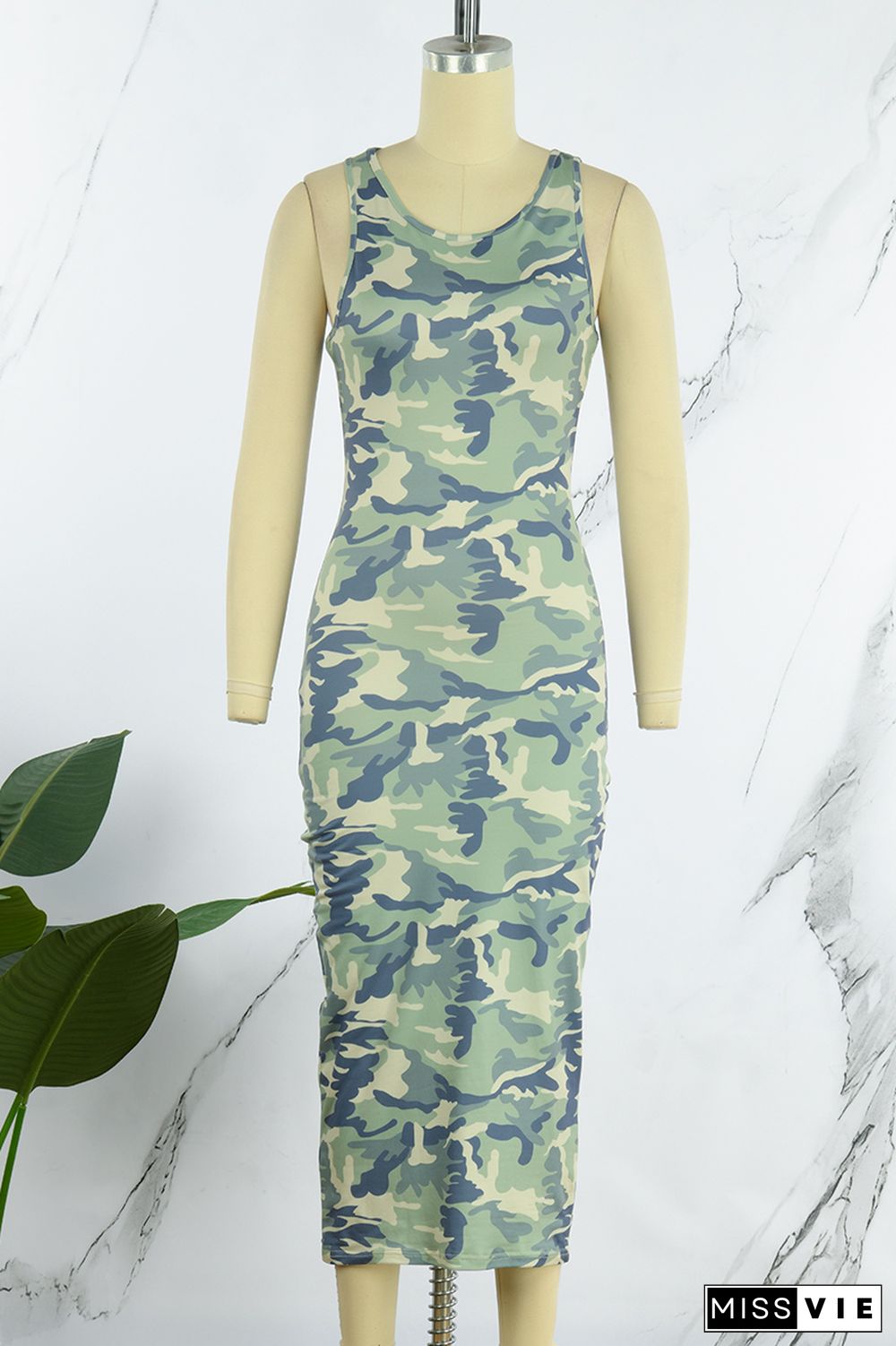 Cyan Sexy Casual Camouflage Print Basic O Neck Sleeveless Dress Dresses