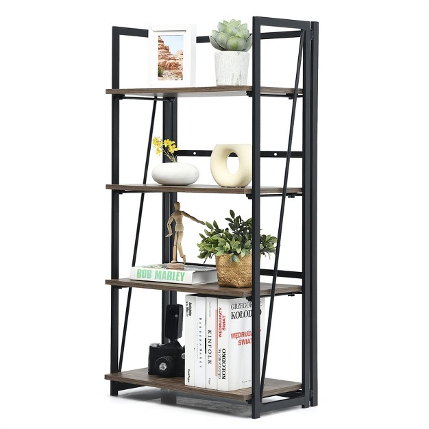 Tangkula 4 Tiers Folding Bookshelf Home Office Industrial Bookcase Standing Shelving Unit For Decorations amp Storage