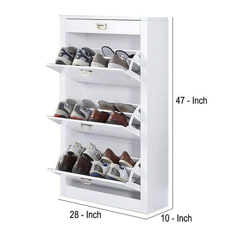 Shoe Cabinet with 3 Drop Down Storage and Wooden Frame， White