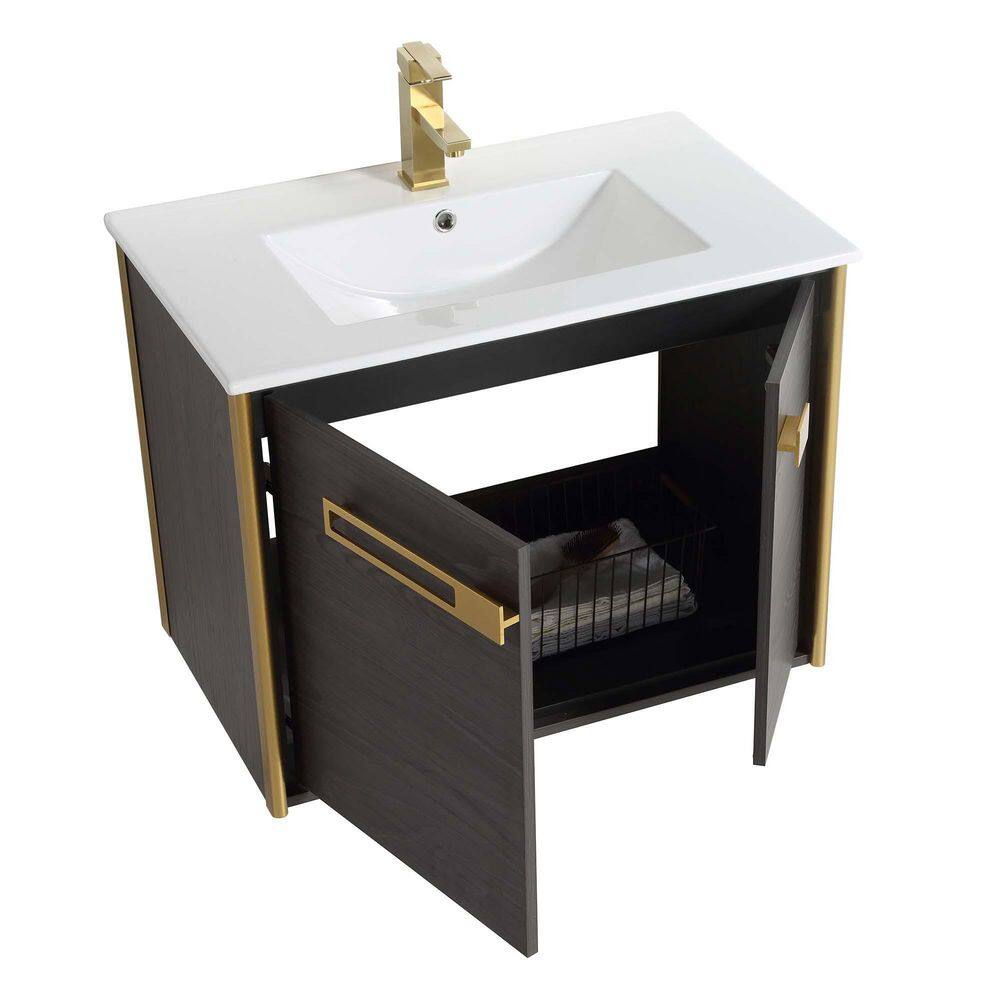 FINE FIXTURES Oakville 30 in. W x 18 in. D x 23.25 in. H Wall Mounted Bathroom Vanity in Black Coal Oak with White Ceramic Sink Top OK30BC-SB-WH