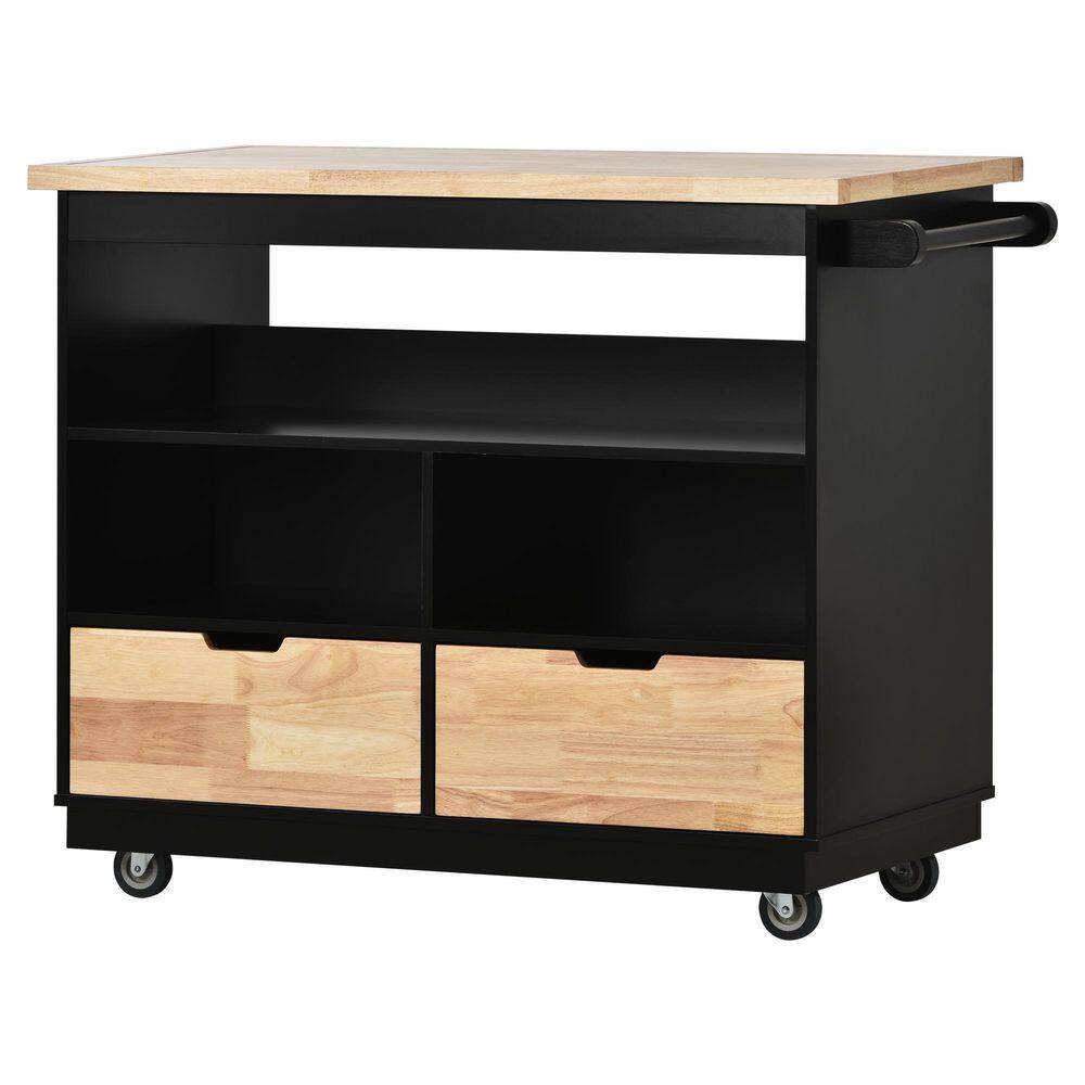 tunuo Black Rolling Kitchen Island with Rubber Wood Tabletop and Storage SF-5001AAB