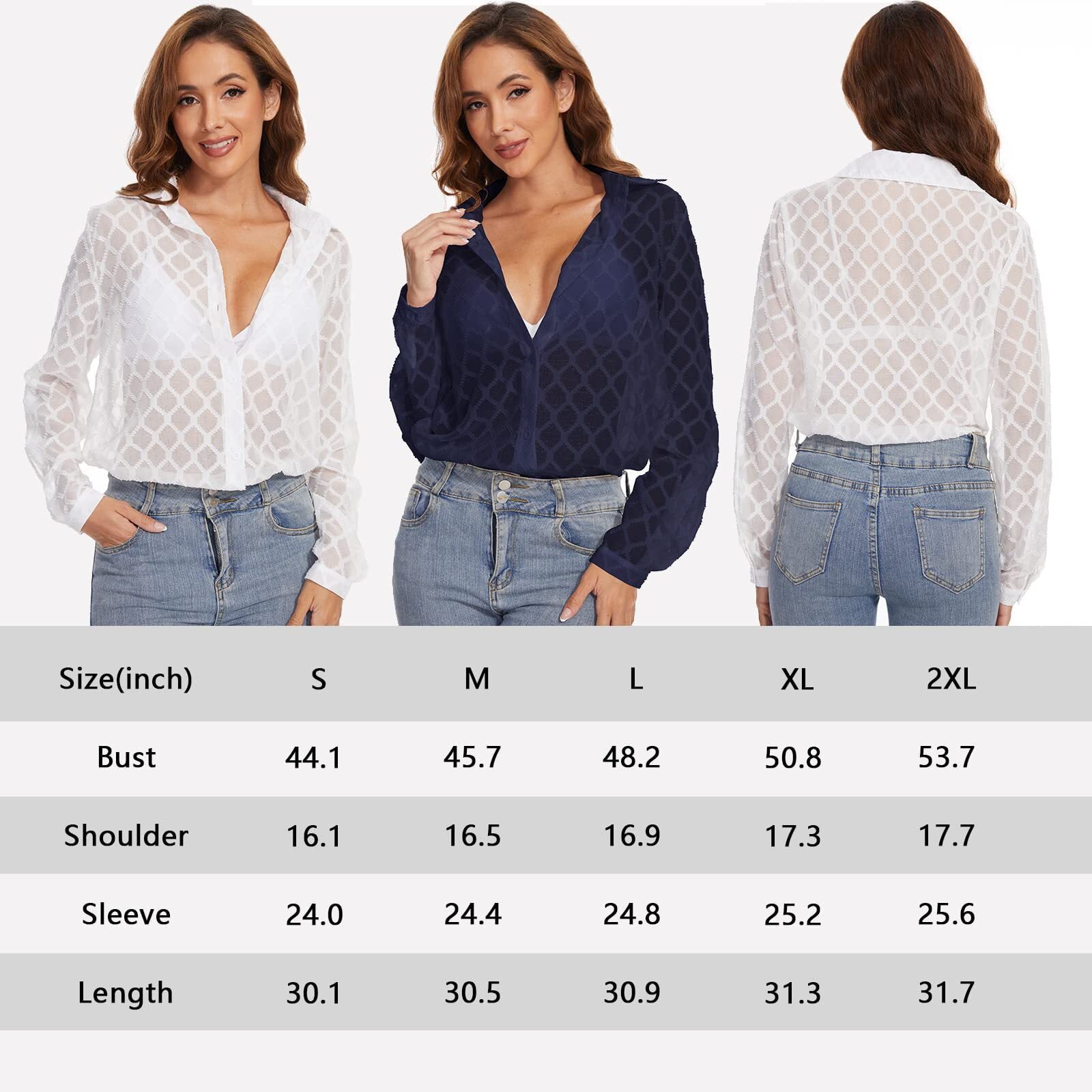 NeedBo Women's Button Down Long Sleeve V Neck Mesh Shirt See Through Sheer Blouse Tops， White L