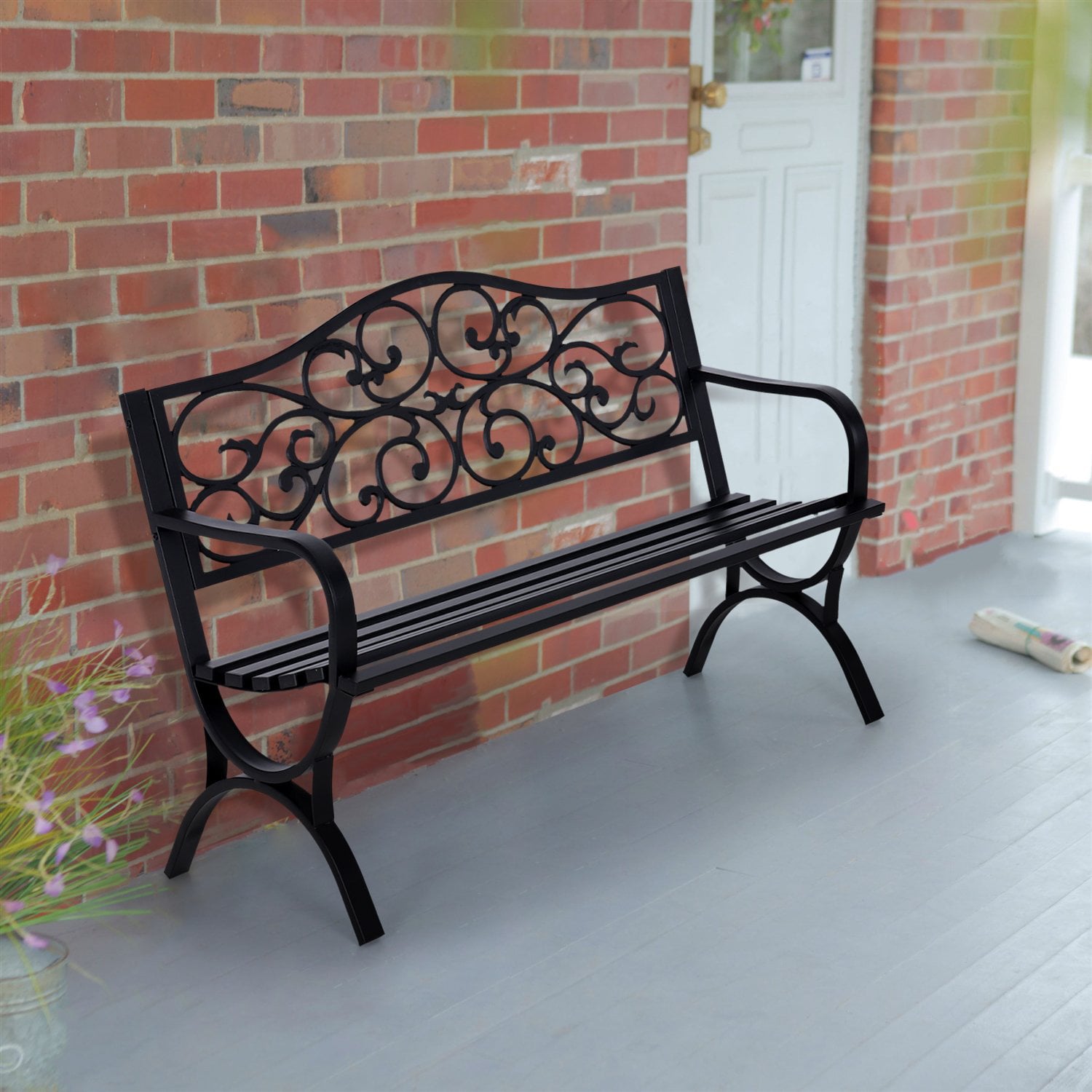 MF Studio Garden Bench 50 Inch Cast Iron Steel Frame Chair W/Floral Design Backrest, Black