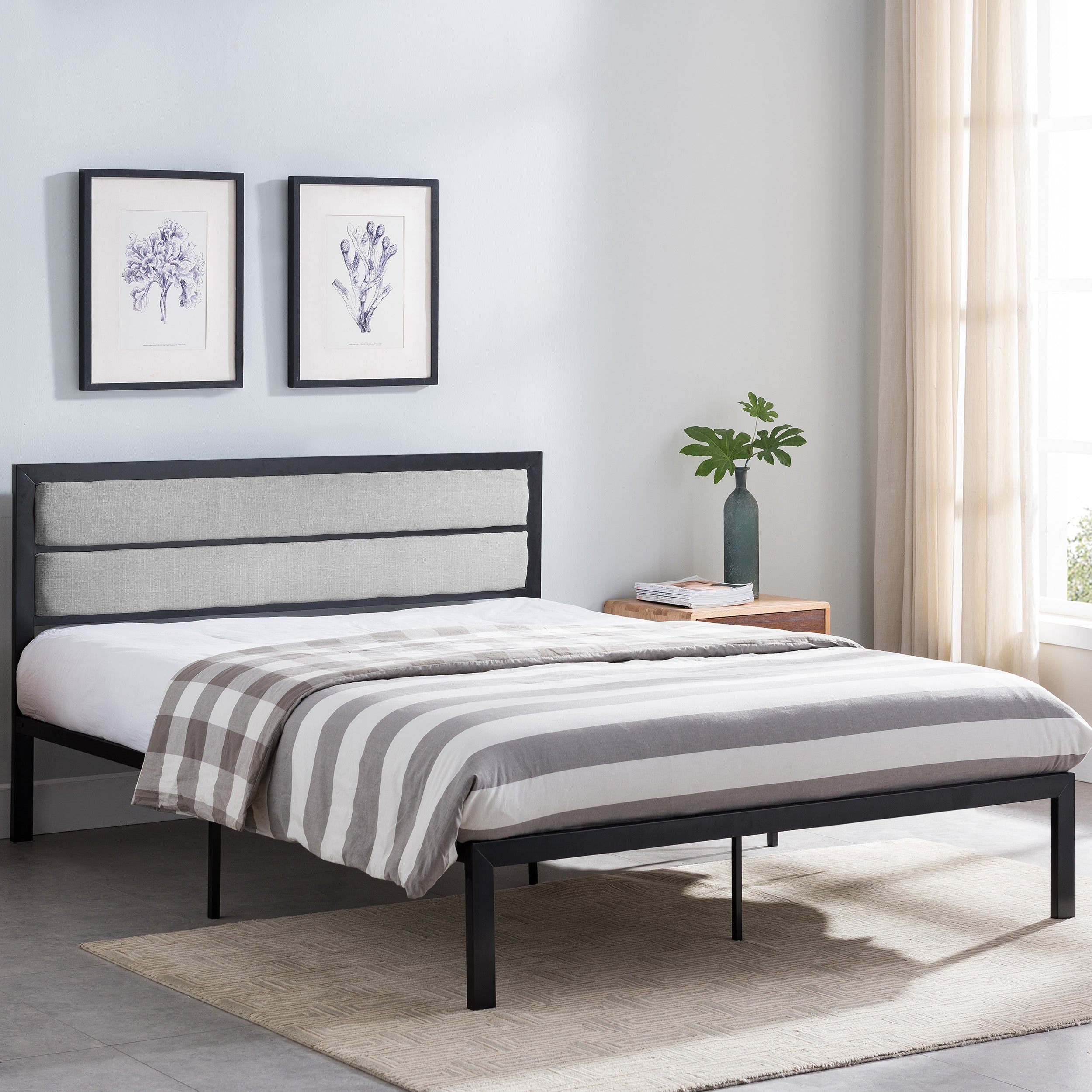 Kiran Minimalistic Modern Iron Queen Bed Frame with Fabric Upholstered Headboard