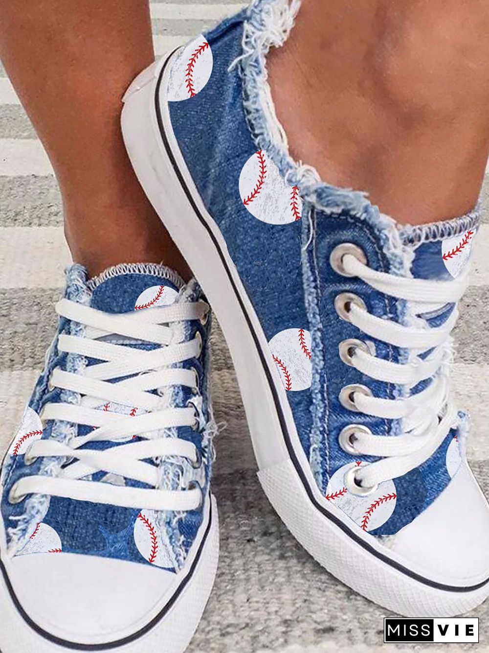 Women's Tennis Pattern Distressed Denim Blue Canvas Flats