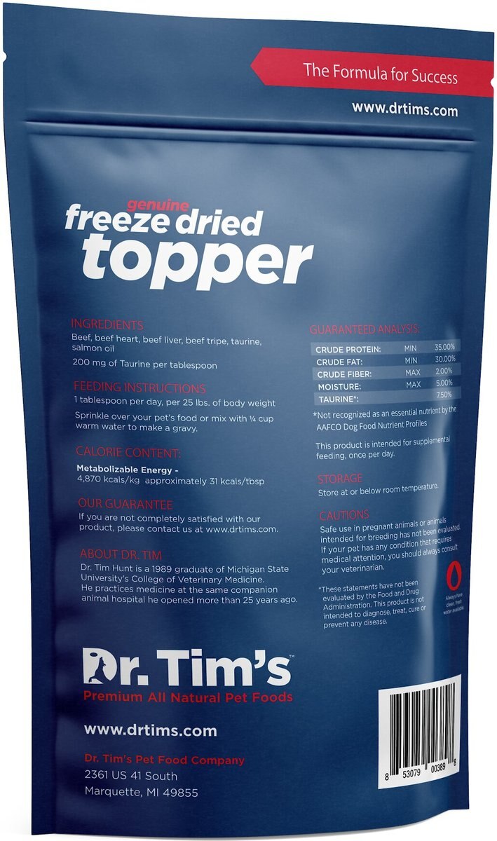 Dr. Tim's Beef Taurine Supplement Freeze-Dried Dog and Cat Food Topper， 12-oz bag