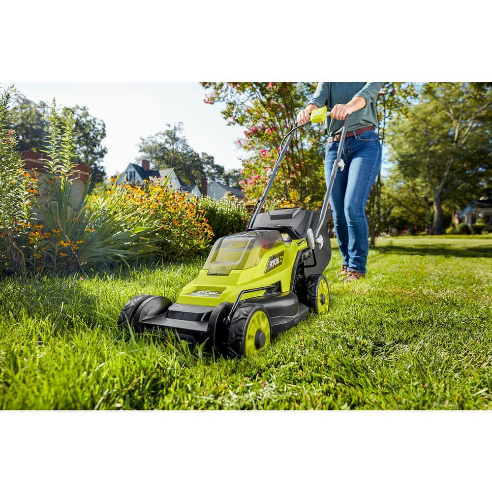 RYOBI ONE 18V 13 in Cordless Battery Walk Behind Push Lawn Mower and Leaf Blower with 40 Ah Battery and Charger