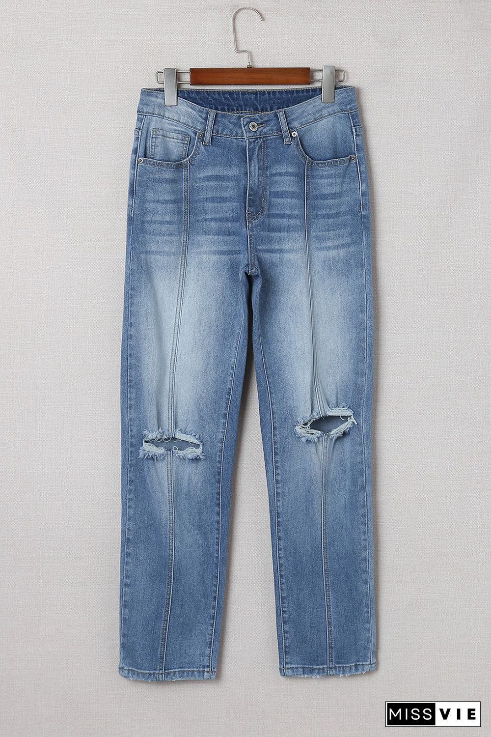 Blue Distressed High Waist Straight Leg Jeans