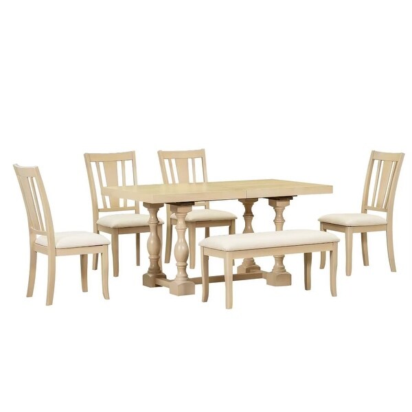 Extendable Dining Table Set with Removable Leaf，Padded Chairs and Bench