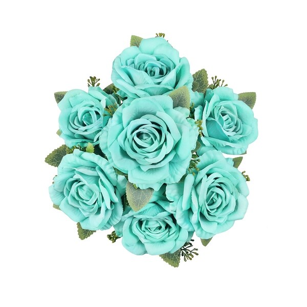 Set of 2 Deluxe Tiffany Blue Artificial Elegant Rose Flower Stem Bush Bouquet 17in