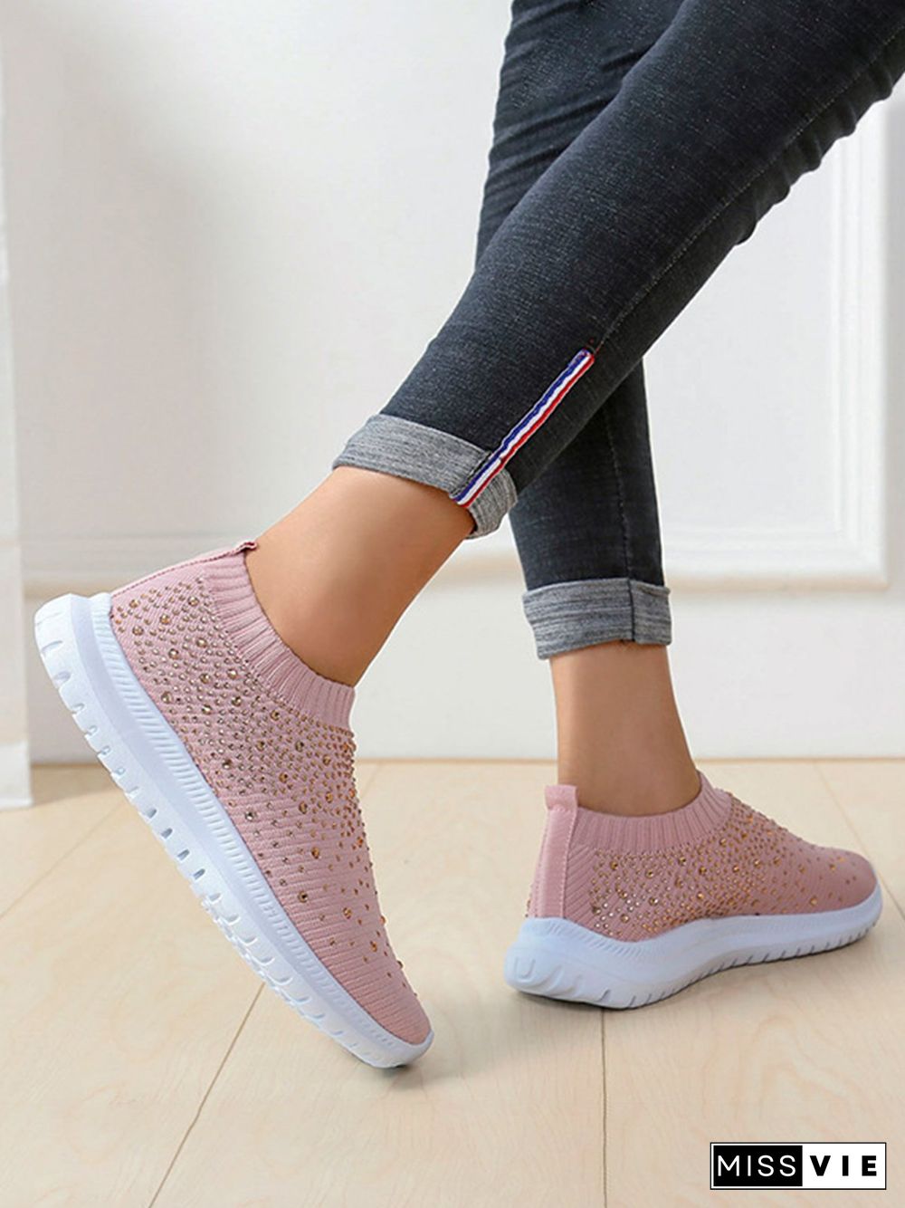 Rhinestone Design Portable Overfoot Lightweight Flyknit Sneakers