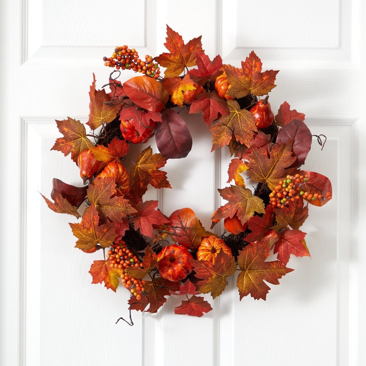 24'' Autumn Maple Leaves Artificial Fall Wreath with Pumpkins & Berries