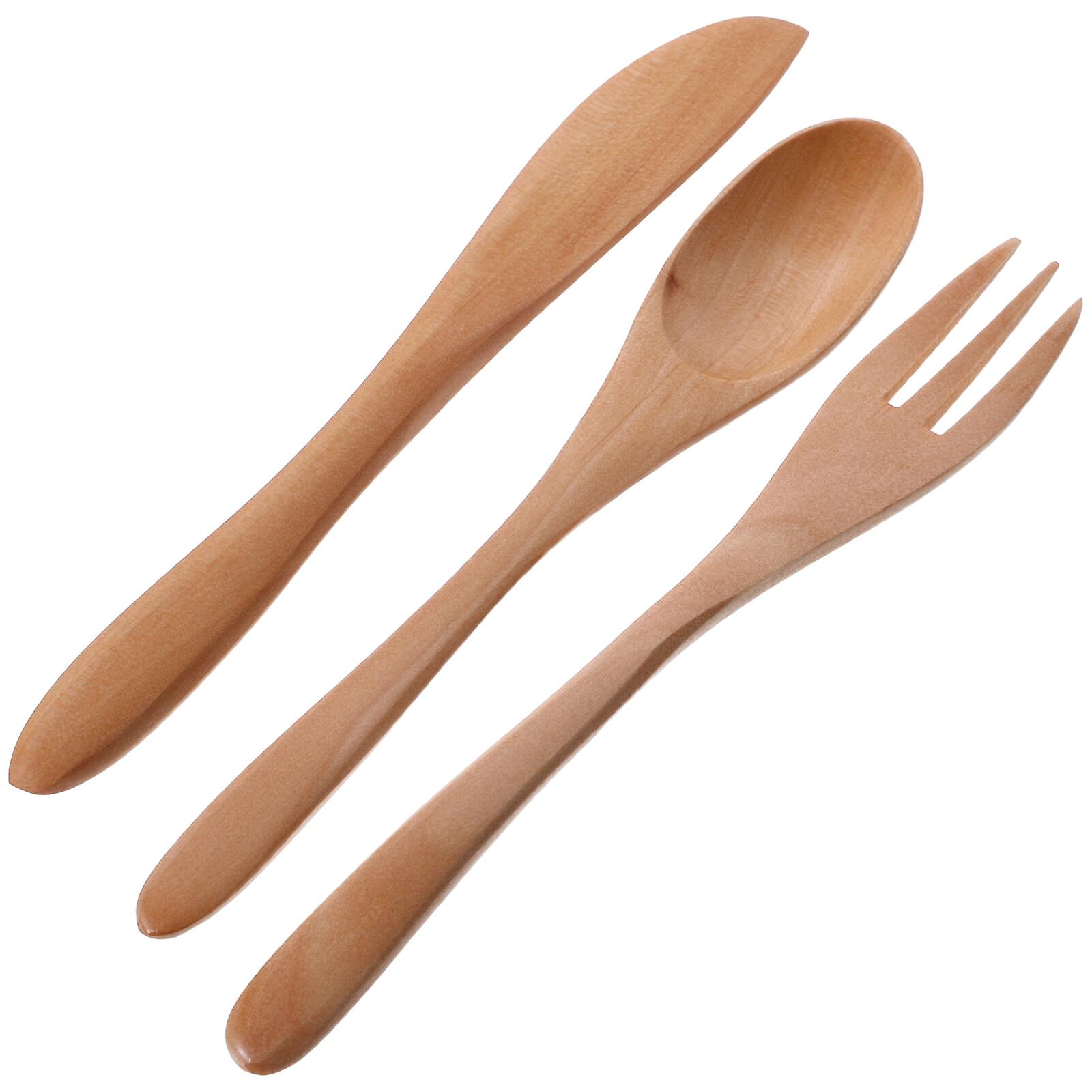 1 Set Kids Flatware Serving Set Children Safety Wood Cutlery Cutter Fork Spoon Kit