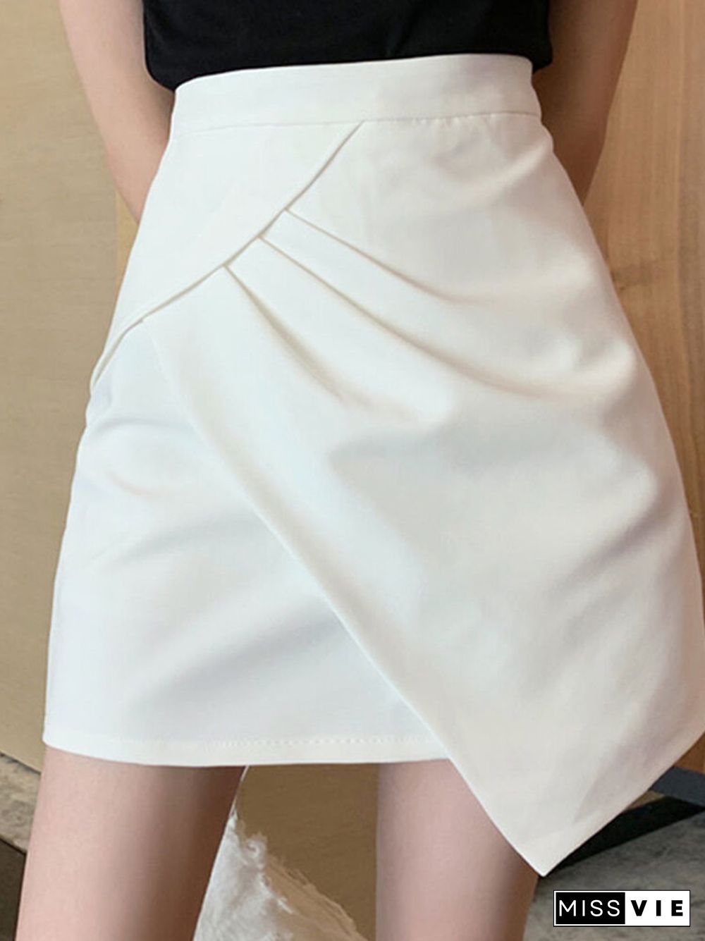 Asymmetrical Hem Pleated Solid Mini Women Skirt