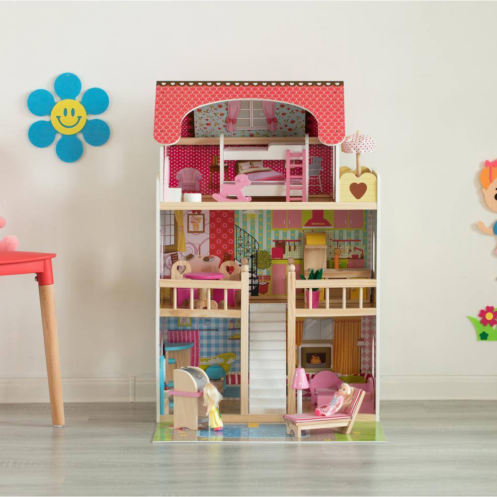 Gardenised QI004210 Wooden Doll House with Toys and Furniture Accessories with LED Light for Ages 3 plus