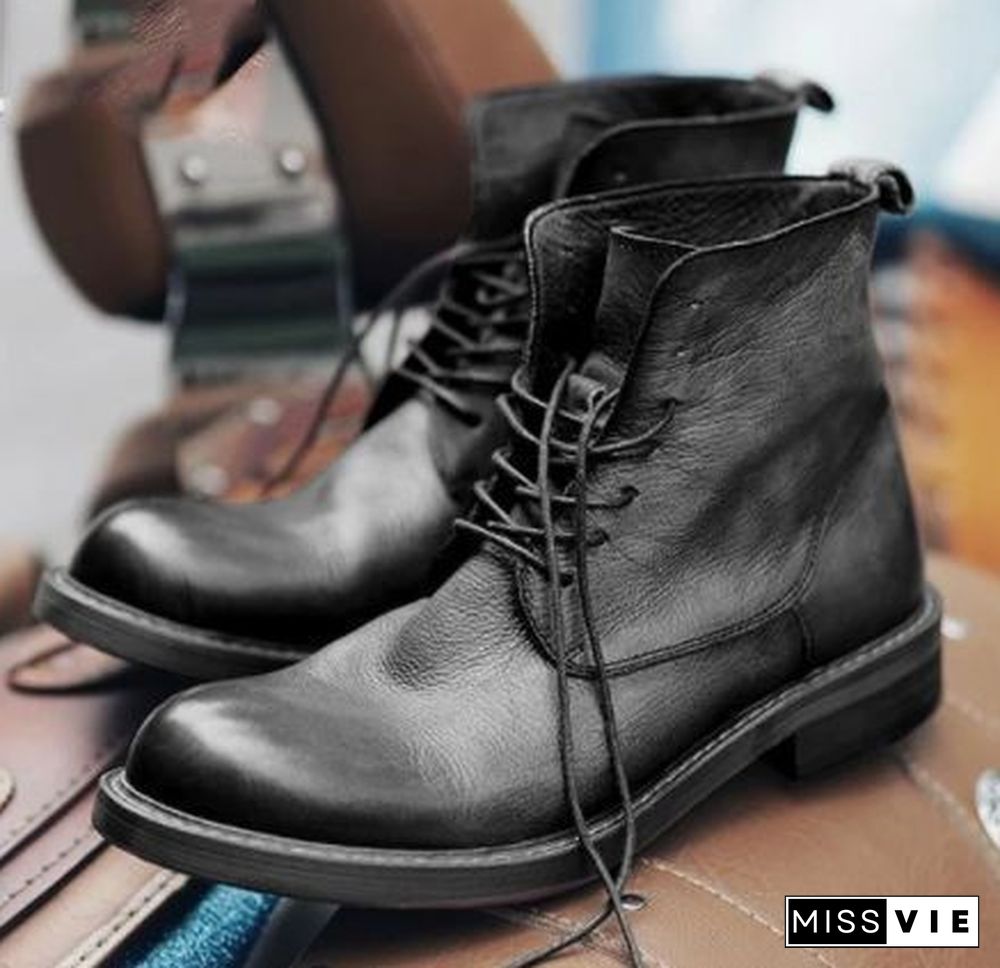 Genuine Leather Retro Work Boots Men Winter Sneakers Lace Up High-Top Ankle Boots