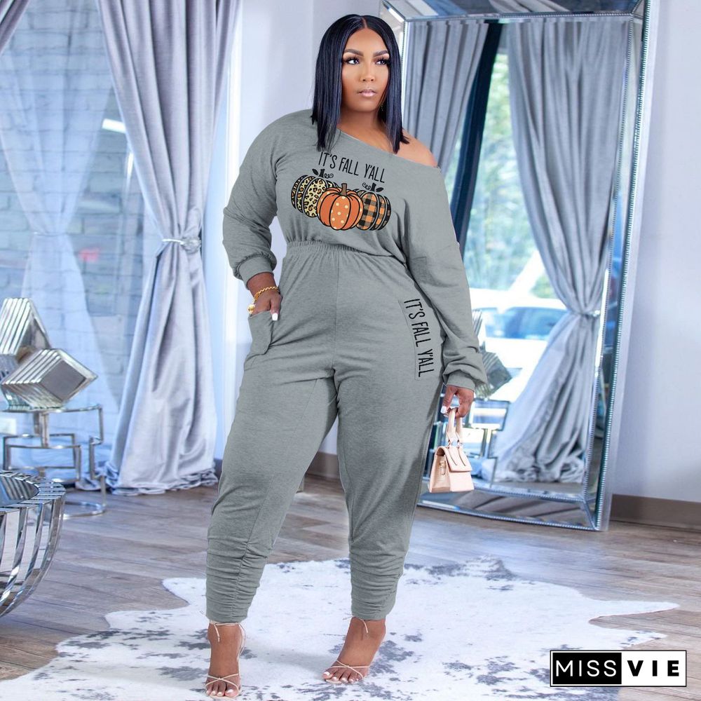 Casual Long Sleeve Print One Piece Plus Size Jumpsuits