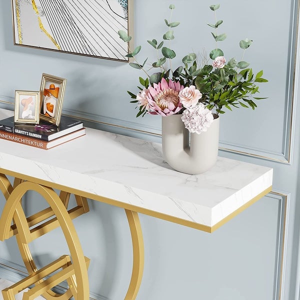 55 Inch White Narrow Sofa Console Table with Geometric Metal Base in Gold