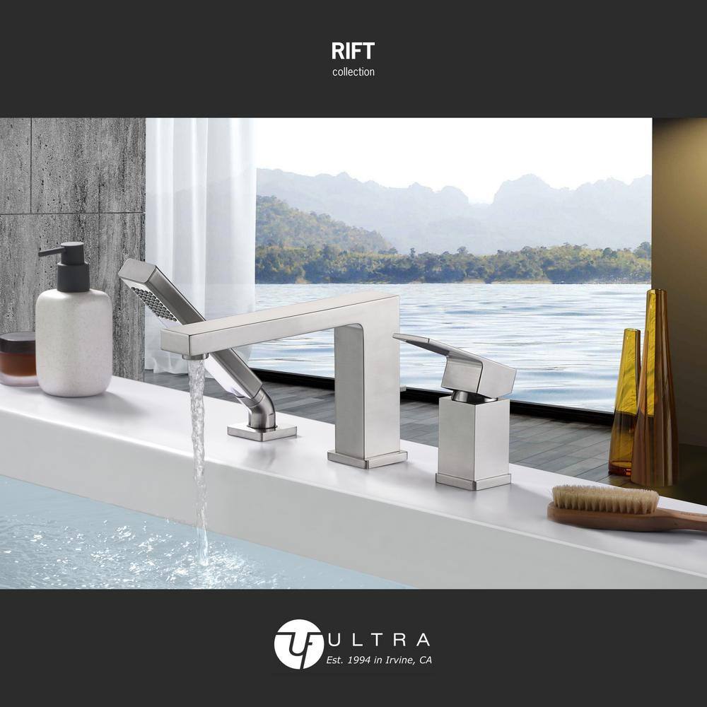 Ultra Faucets Rift Single Handle Deck-Mounted Roman Tub Faucet with Hand Shower in Brushed Nickel UF65843