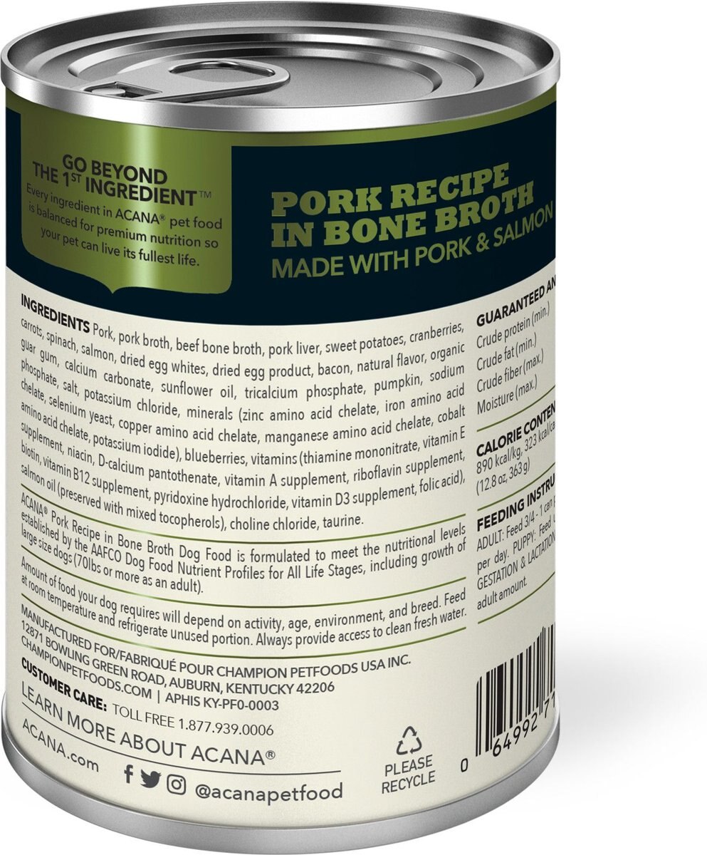 ACANA Premium Chunks Pork Recipe in Bone Broth Grain-Free Wet Dog Food， 12.8-oz can， case of 12