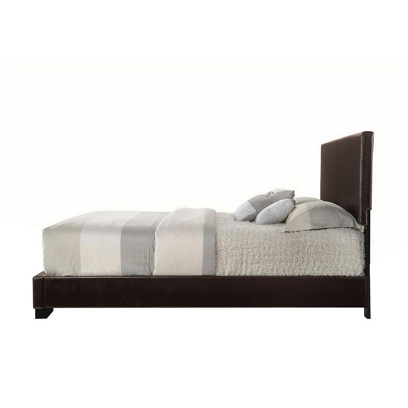 Faux Leather Eastern King Bed with Low Profile Footboard， Espresso Brown