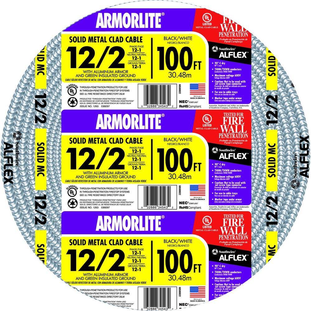 Southwire 100 ft. 12-Gauge2-Gauge Solid CU MC (Metal Clad) Armorlite Cable 68580023