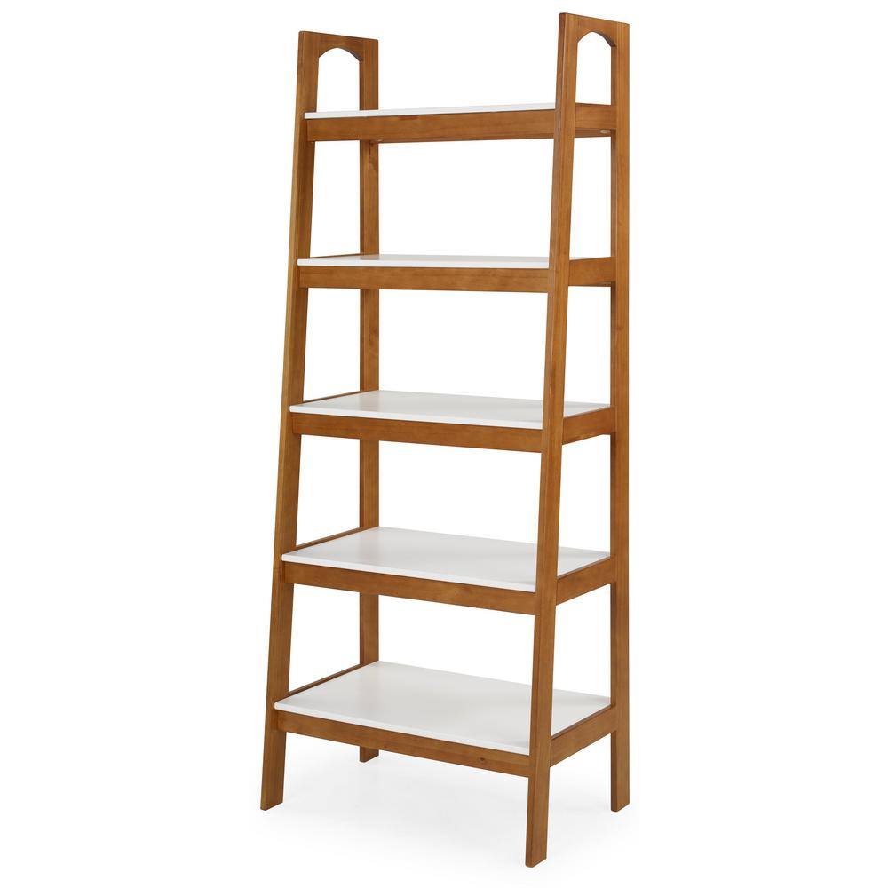 Camaflexi Mid Century Modern 74 in. White  Castanho Wood 5-Shelf Open Bookcase with Solid Wood Frame MD23312