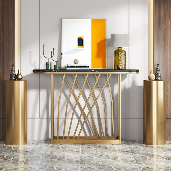 Luxurious Gold Console Table， Faux White Marble and Metal