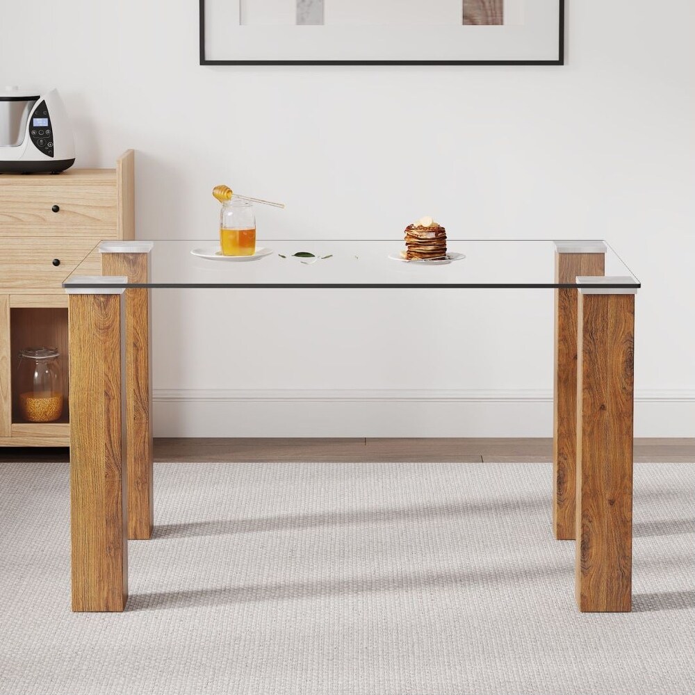 Modern minimalist dining table with Glass desktop and wooden MDF legs