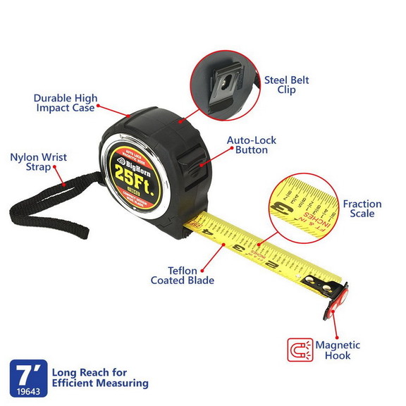 Big Horn 19643 25 ft. Compact Auto Lock Tape Measu...