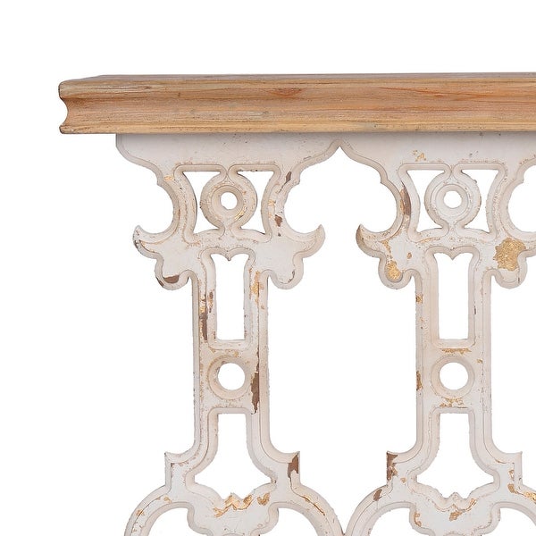 32 Inch Console Table， Fir Wood， Traditional， Scrollwork， Whitewash， Brown