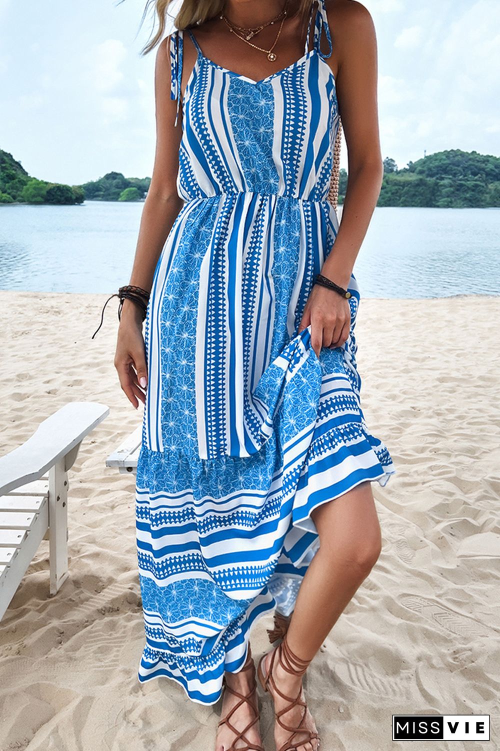 Blue Striped Sling Long Dress Wholesale