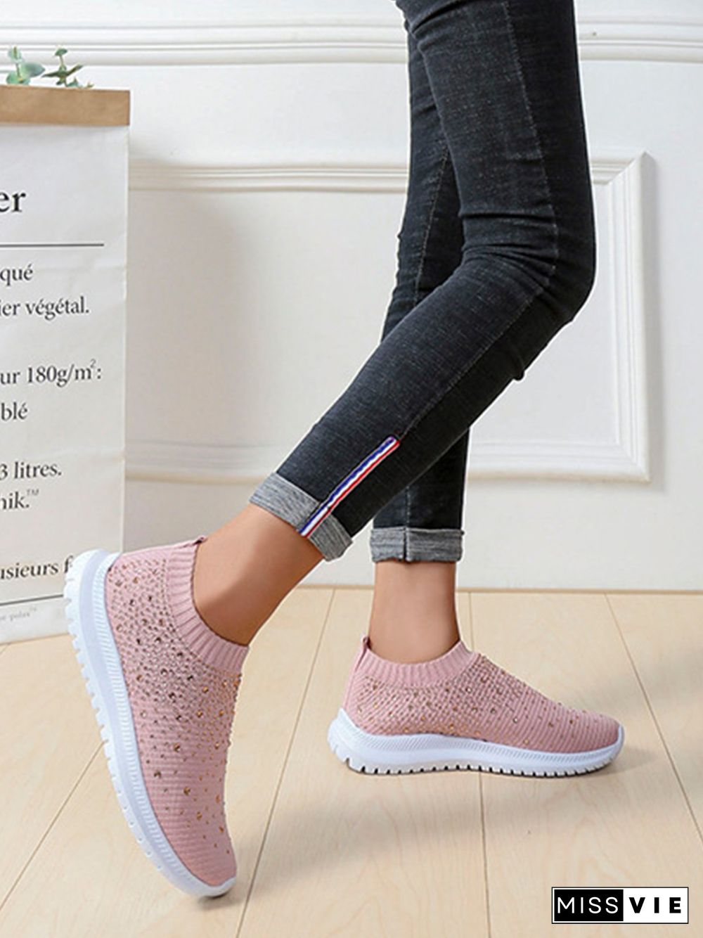 Rhinestone Design Portable Overfoot Lightweight Flyknit Sneakers