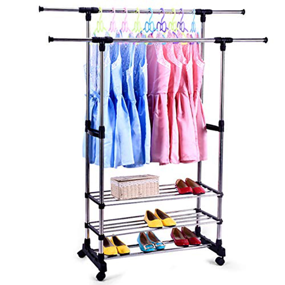 Ktaxon Clothing Garment Rack Adjustable Height Double Hanging Rail with 3-Tier Shelves