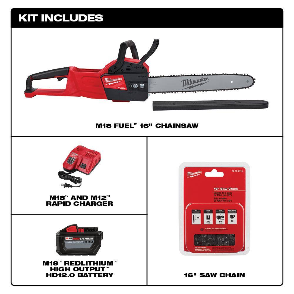 MW M18 FUEL 16 in. 18-Volt Lithium-Ion Brushless Battery Chainsaw Kit with 12.0Ah  16 in. Hand Chainsaw 2727-21HD-49-16-2715