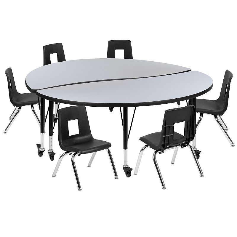 Emma and Oliver Mobile 60 Circle Wave Activity Table Set-14 Student Stack Chairs， Grey/Black