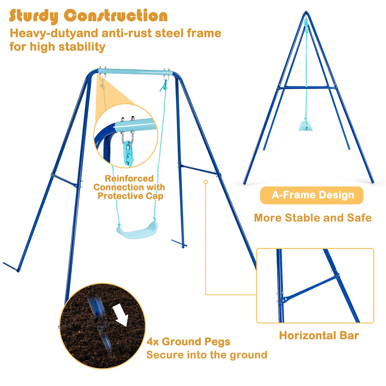 Costzon Swing Frame Stand with Swing Seat, A-Frame Swing Sets for Backyard All Weather w/Ground Stakes