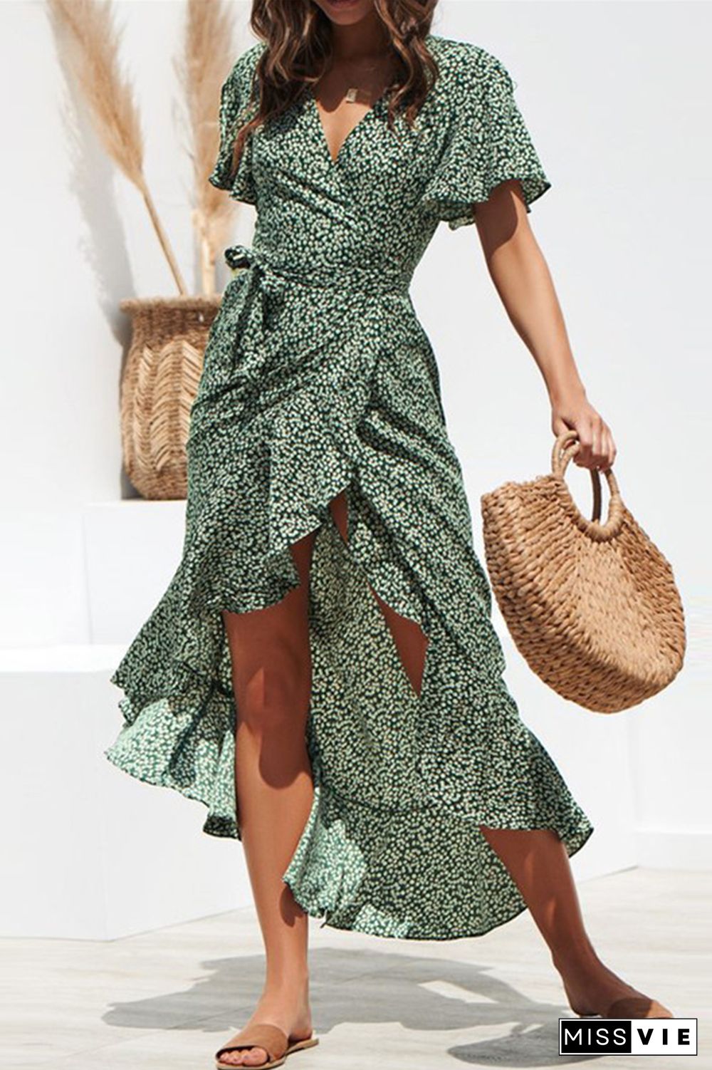 Elegant Print Frenulum Flounce V Neck Irregular Dress Dresses