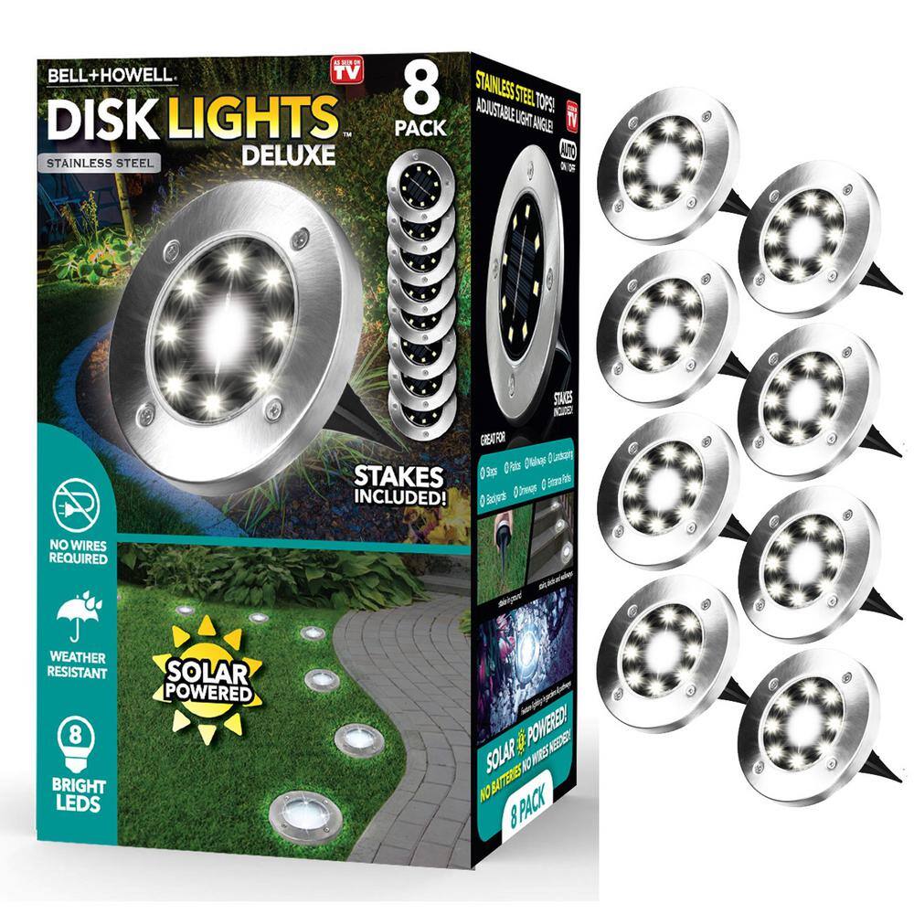 Bell + Howell Solar Powered Stainless Steel Outdoor Integrated LED Super Bright In-Ground Path Disk Lights (8 per Box) 2177