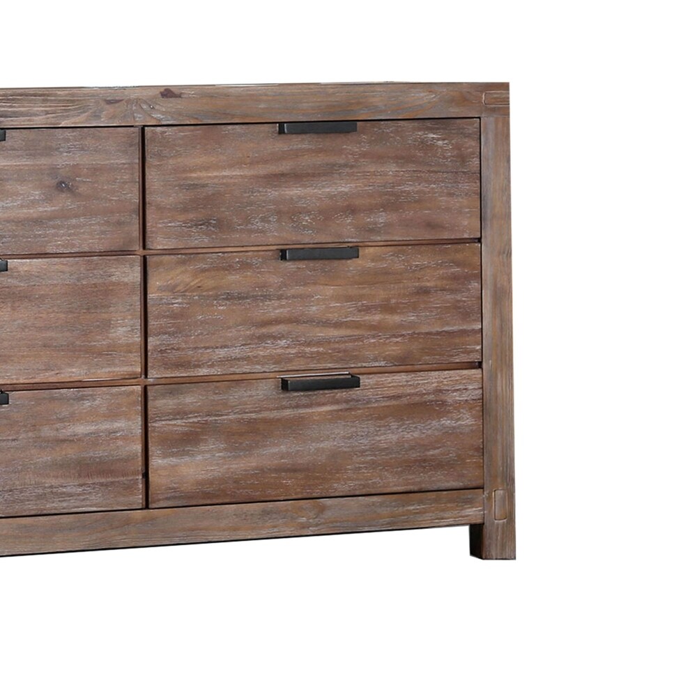 6 Drawer Rustic Style Wooden Dresser with Block Legs  Brown