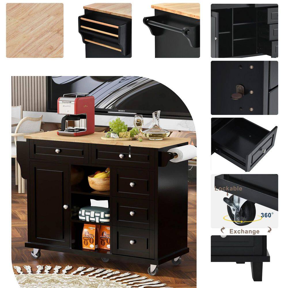 Black Rubber Wood Desktop 52.8 in. W Kitchen Island on 5-Wheels with Storage and 5-Drawers VJ026KIsland6