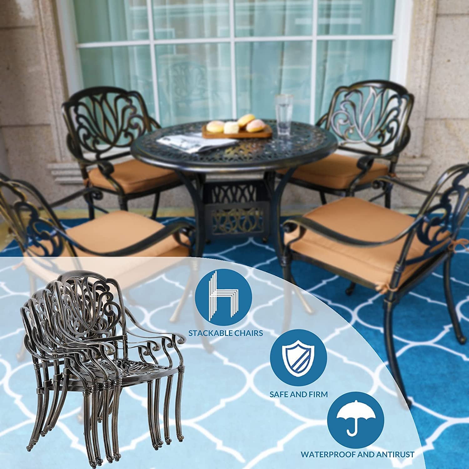 MEETWARM 5 Piece Patio Dining Set, Outdoor All-Weather Cast Aluminum Dining Table Set, Patio Furniture Set for Backyard Garden Deck, Include 4 Chairs, 4 Cushions and 1 Round Table with Umbrella Hole